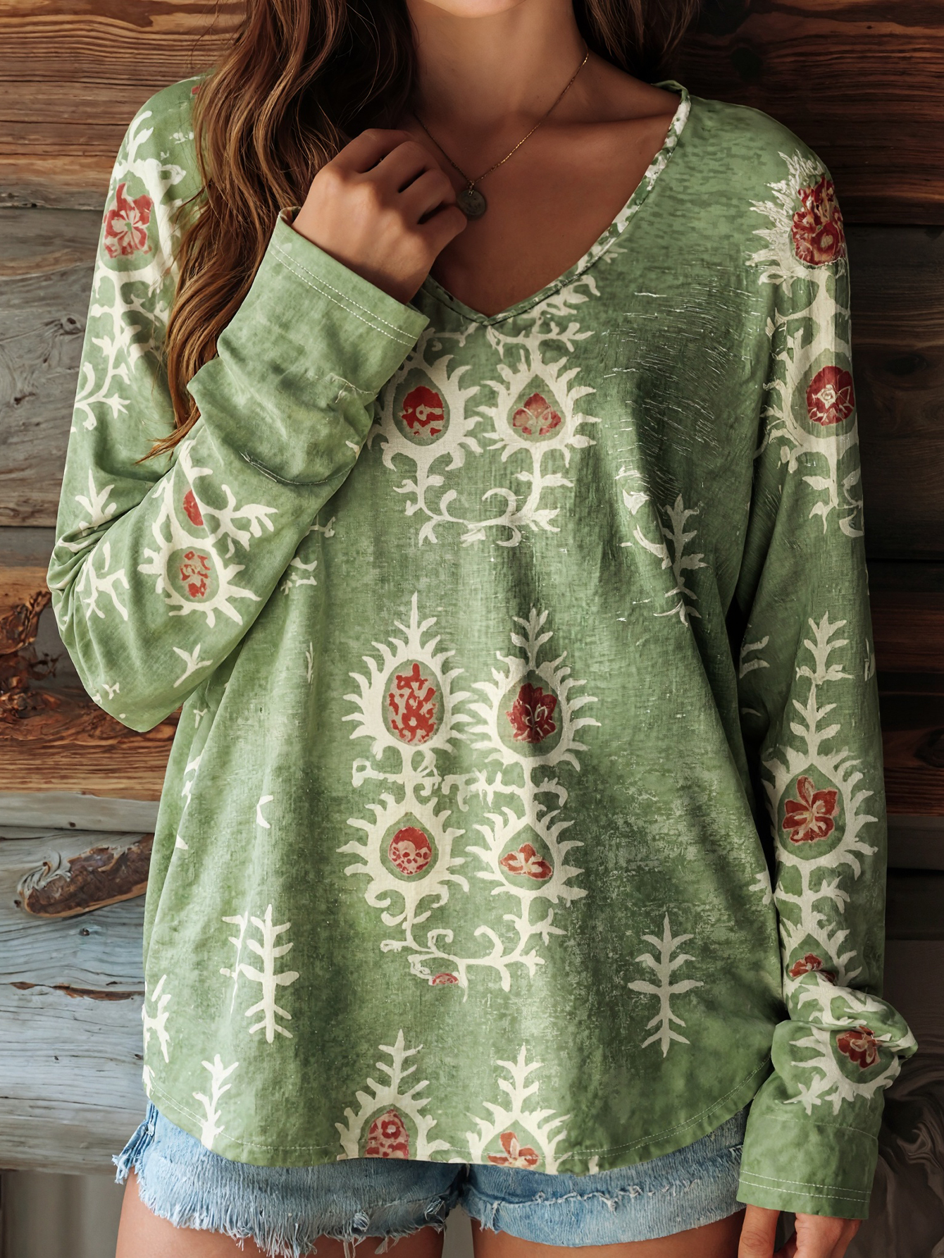 Autumn Winter Retro Fashion Commute Style Green V-Neck Loose Comfortable T-Shirt, Milk Silk Daily Casual Versatile Thin Long Sleeve Top for Women, S-X