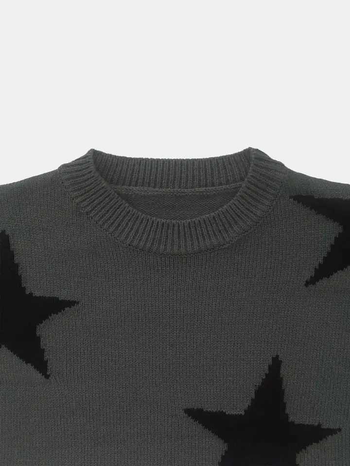 Womens round neck contrasting star jacquard loose casual woolen pullover topT251025