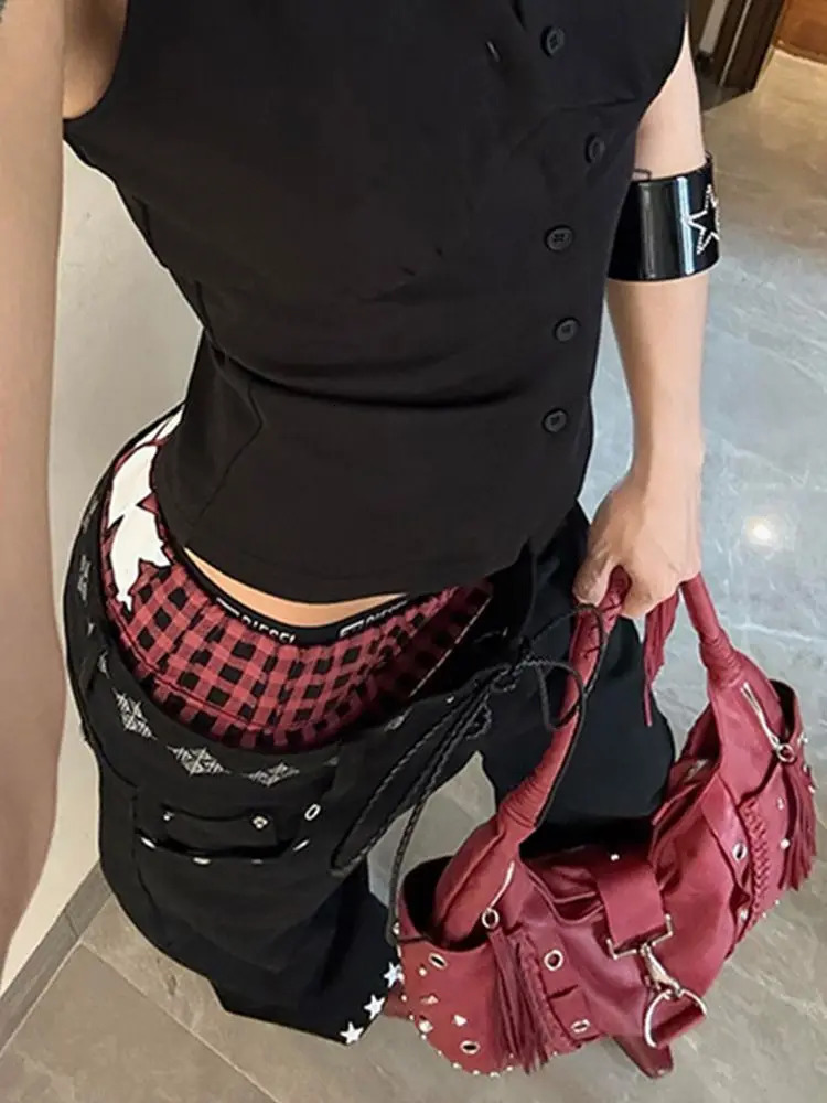 American contrasting double waist splicing drawstring print retro women jeans fashionable high street casual floor jeans 251024