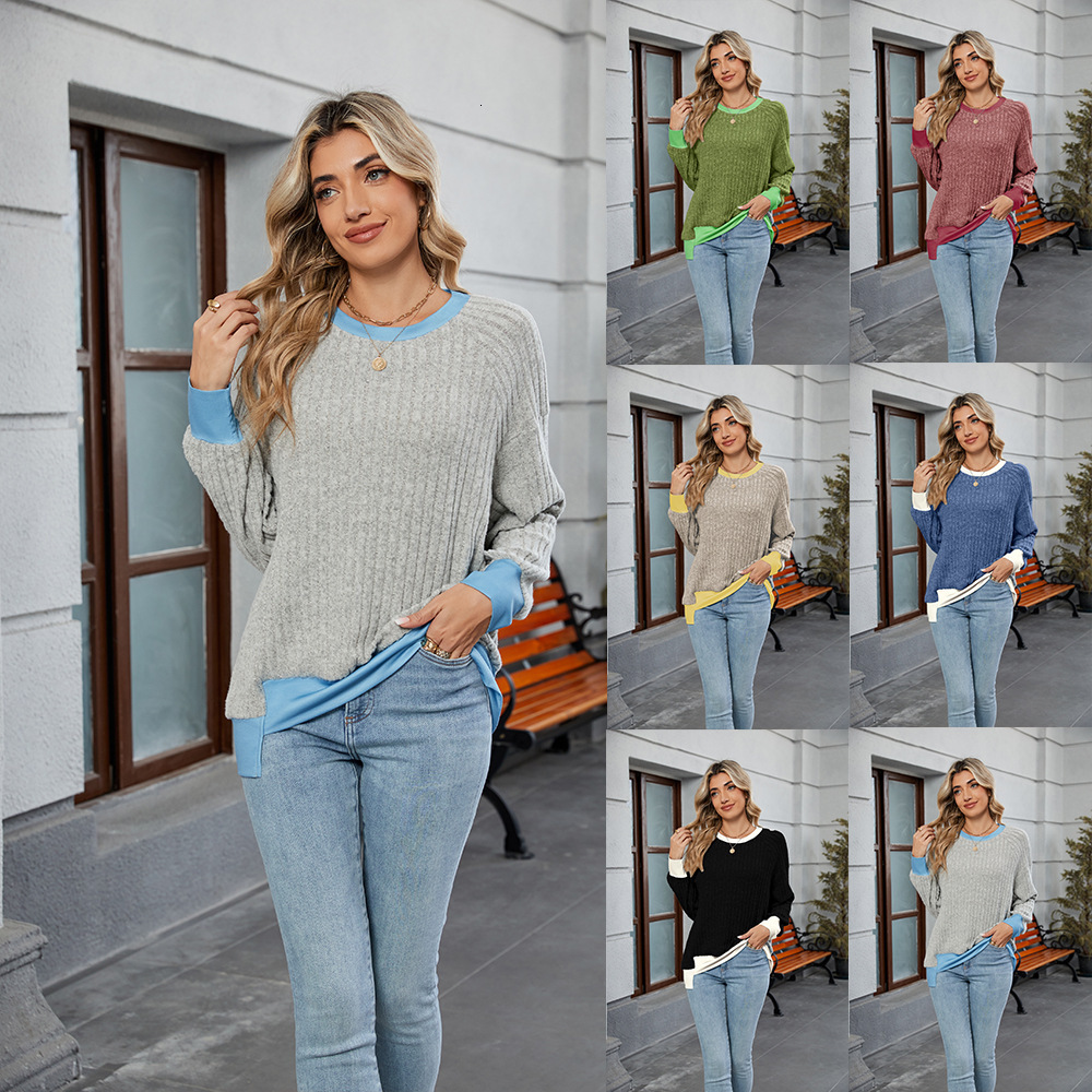 2025 Knitted Long Sleeve New Pullover Fashion Ribbed Patchwork Top for Women