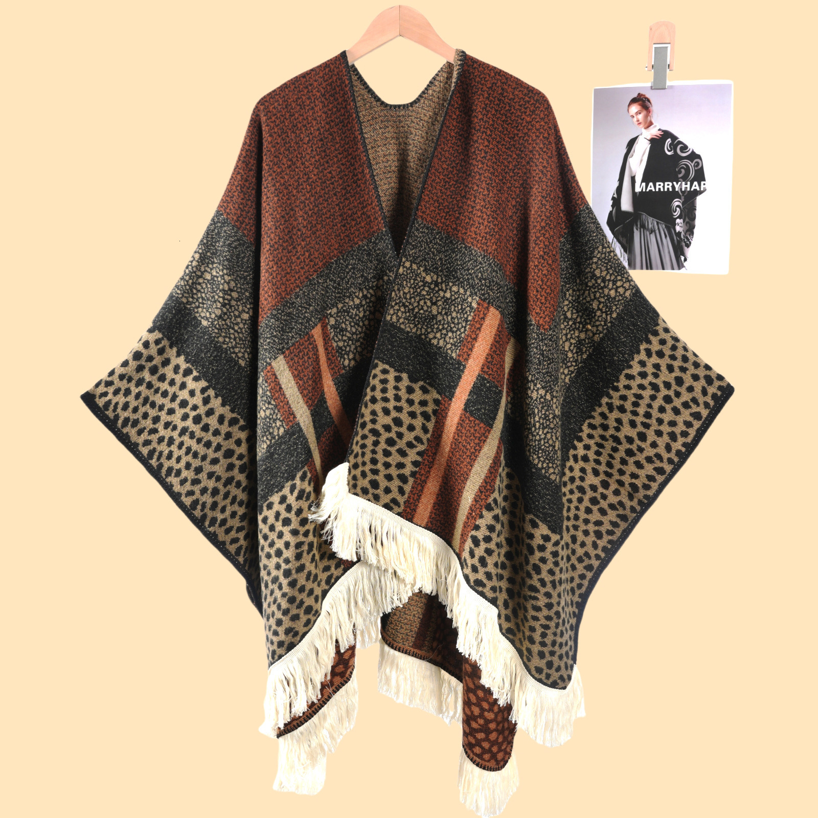Womens Leopard Print Color Block Large Shawl Cape Autumn Winter Outdoor Cold Protection Warm Jacquard Shawl