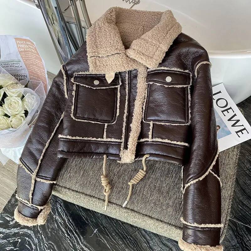 Black Lambswool Jacket Winter Thickened Plus Veet Motorcycle Faux Leather ing Coat PU Plush Cardigan Stand Collar Tops dongdumaoyi