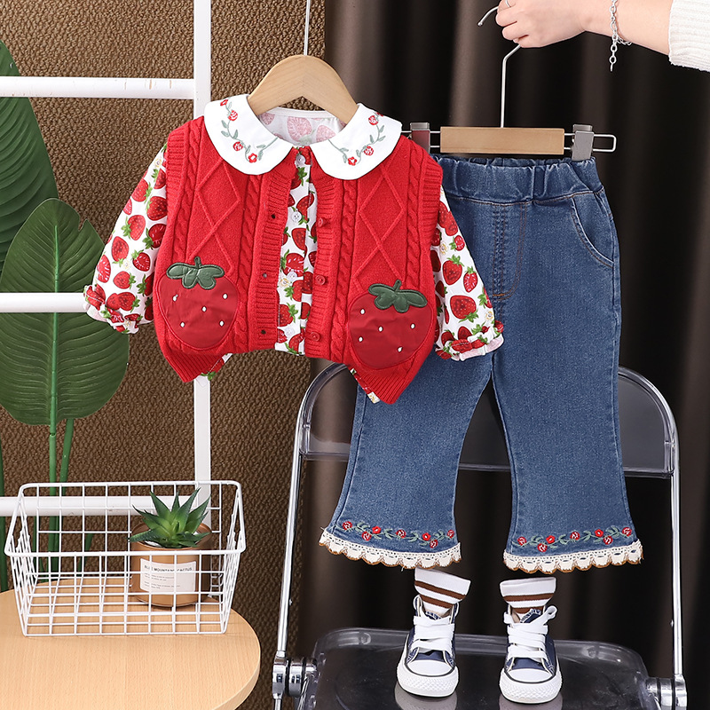 Free Shipping 2025 Girls Spring Outfit Set Strawberry Print Sweater Three-Piece Set Cute Baby Toddler Clothes Spring Fashion