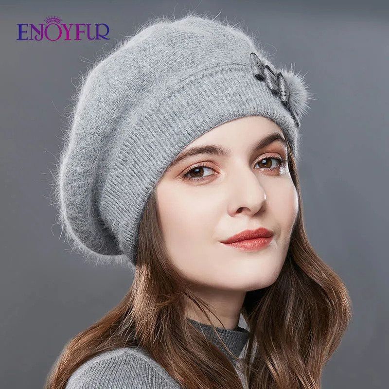 ENJOYFUR Cashmere Beret Hat Female Rabbit Knitted Winter Hats Caps Lady MiddleAged Cap Fashion BowKnot Ball Gorro Warm Hat 251023