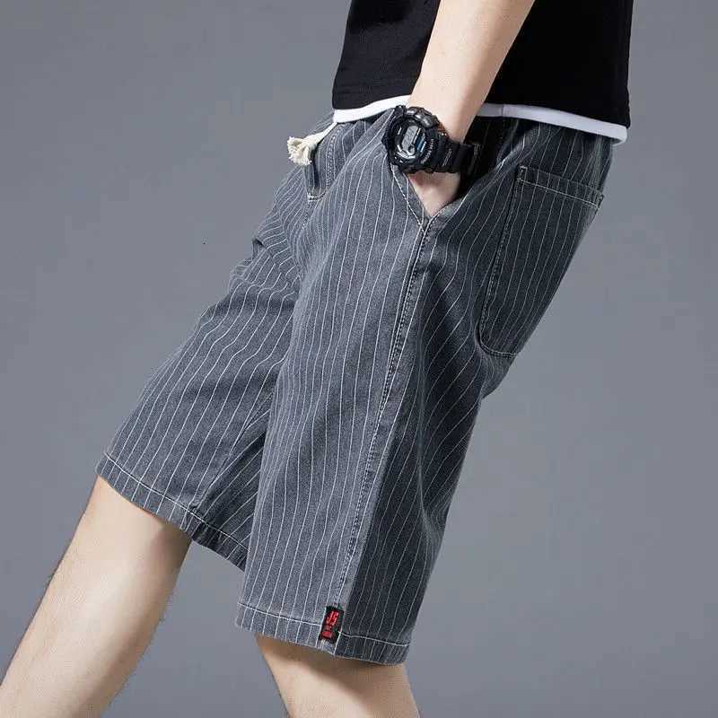 Summer Men Casual Striped Denim Shorts Koreon Streetwear Fashion Elastic Waist Baggy Male Thin Beach Sports Knee Length JeansXJ251025