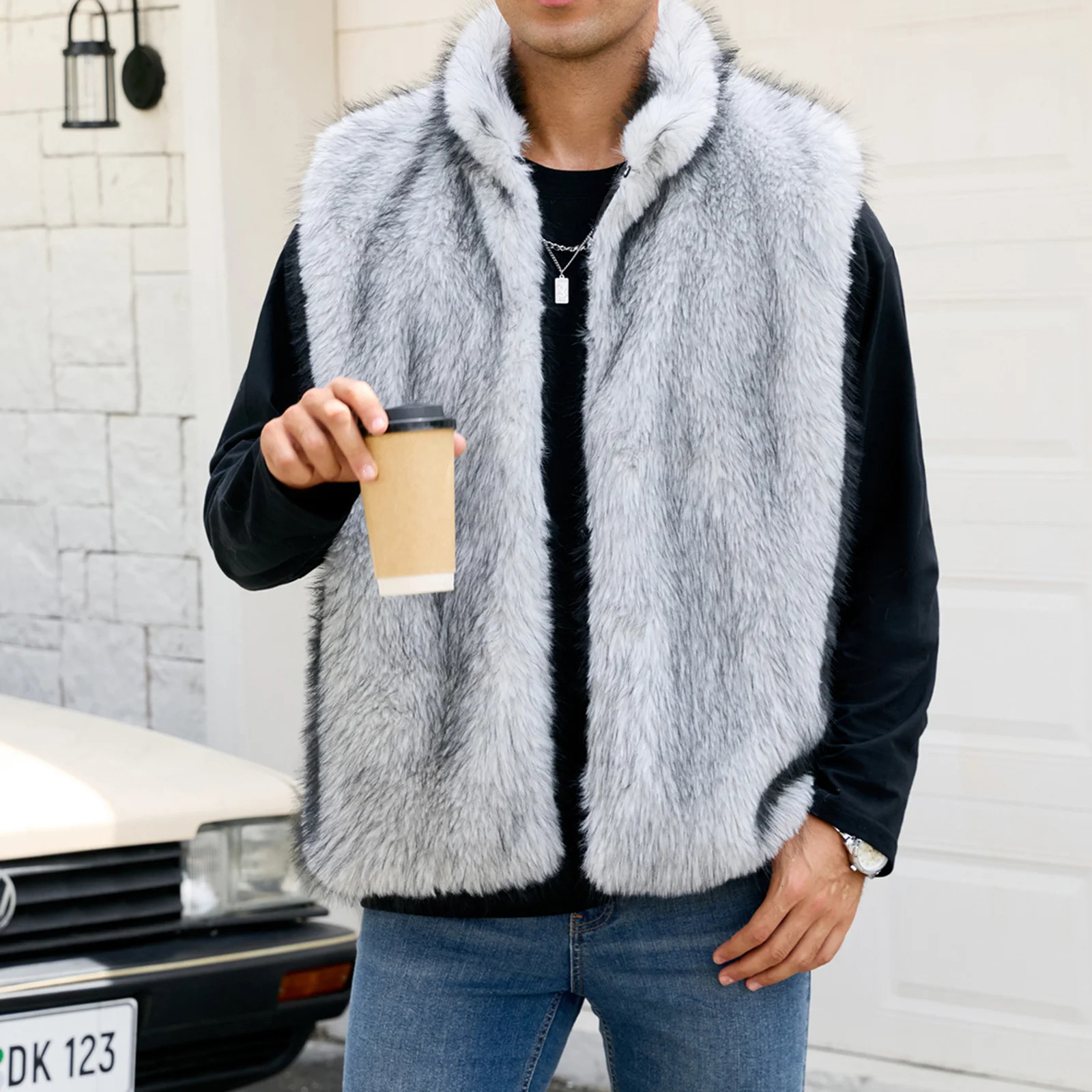 Men Faux Fur Sleeveless Coat Loose Contrast Stand Collar Warm Furry Fall Winter Vest Jacket 251020