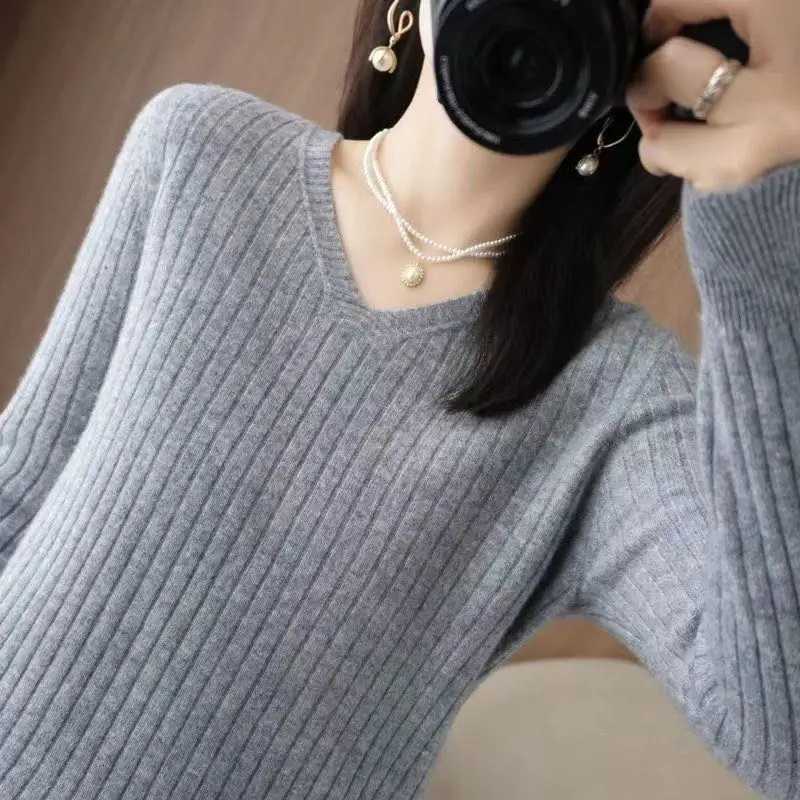 Chic Casual Autumn Winter Basic Sweater Pullovers Women Vneck Solid Knit Loose Pullover Female Long Sleeve Warm Khaki SweaterT251025