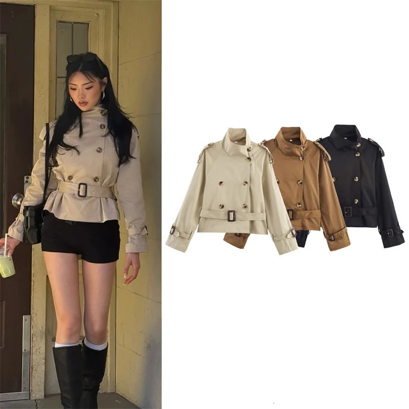 Womens Trench Coat for Autumn Solid Color Long Sleeve Doublebreasted with Waist Tie Short Trench Coat Jacket British 251024