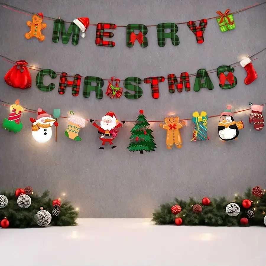 1set Merry Christmas Banners Decoration Santa Claus Snowman Paper Hanging Banner Red Green Xmax Pendant Christmas Decorations C251024