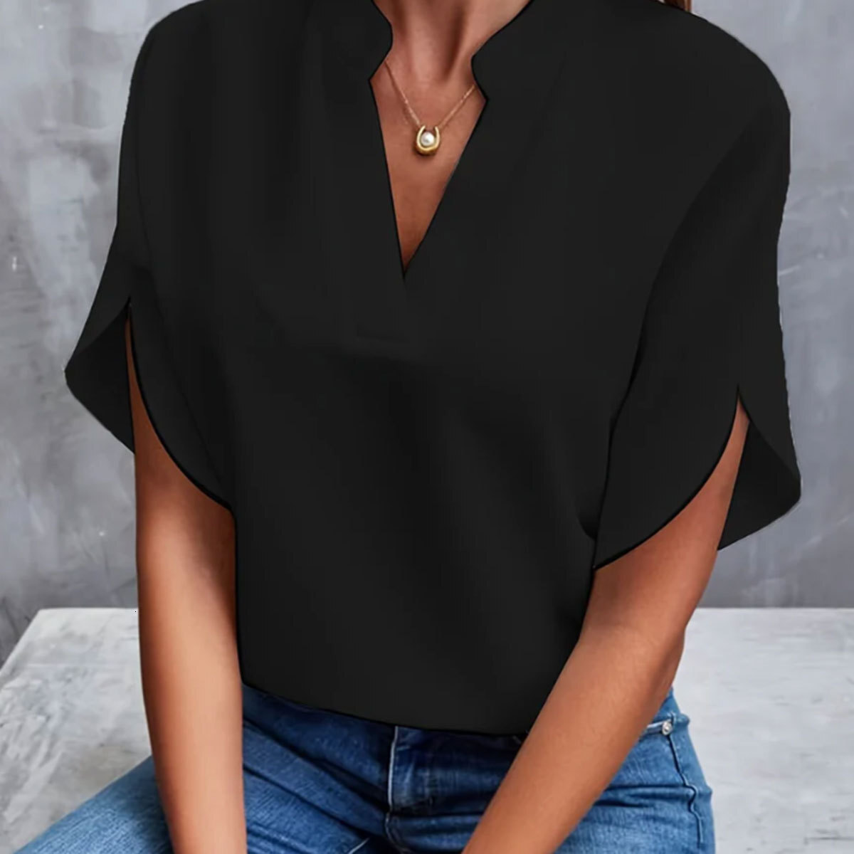 2025 Summer New V-neck Shirt for Women, Solid Color Casual Versatile Short Sleeve Pullover Blouse