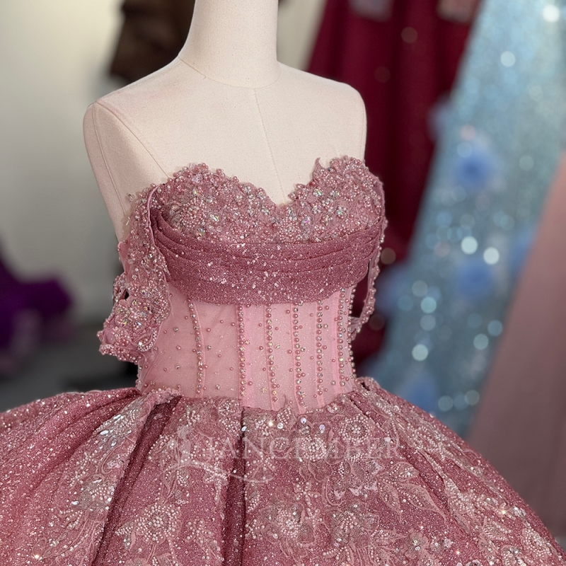 Pink Shiny Quinceanera Dresses Ball Gown Off The Shoulder Sequin Applique Lace Beading Crystal Corset Party Birthday Sweet 16 Dress Vestidos 15 De Ano