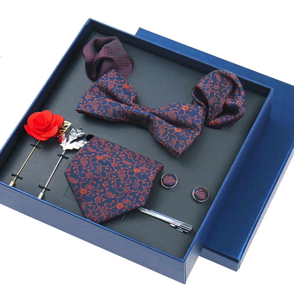 8piece Set Bussiness Blue Ties For Mans Floral Brooches Pin Cufflinks Tie Clips Butterfly Bowtie Wedding Accessori Gift Box Set 251023