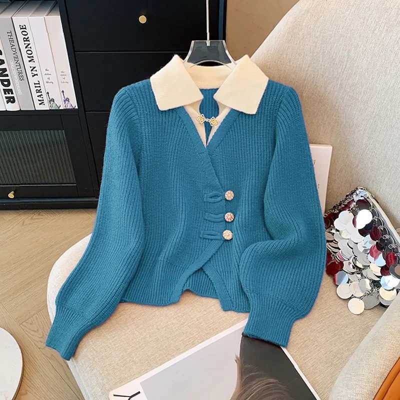 2025 Autumn Winter New Splicing Fake Two Pieces Knitted Cardigan Sweater Women Jacket Fashion Knitwear Loose Ladies Tops B693T251025