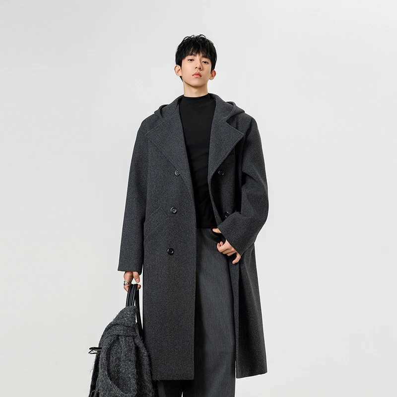 Trench men 2025 new autumn winter men imitation wool fabric hooded wool overcoat suit collar double breasted mid long lengthT251025