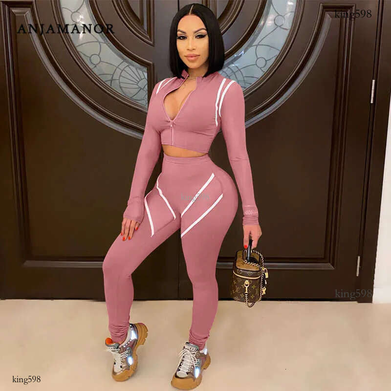 ANJAMANOR Sexy Long Sleeve Two Piece Tracksuit Set Sports Wear 2 Piece Joggers Set Women Sweat Suits Matching Sets D37-DF33 Y0625