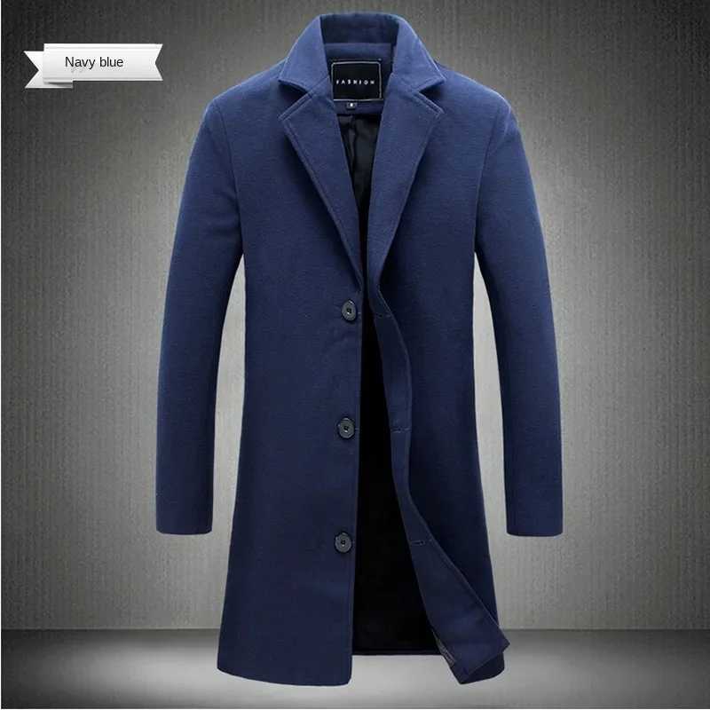 2024 Spring Autumn New Long Cotton Coat New Wool Blend Pure Color Casual Business Fashion Mens Clothing Slim Windbreaker Jacket J251115