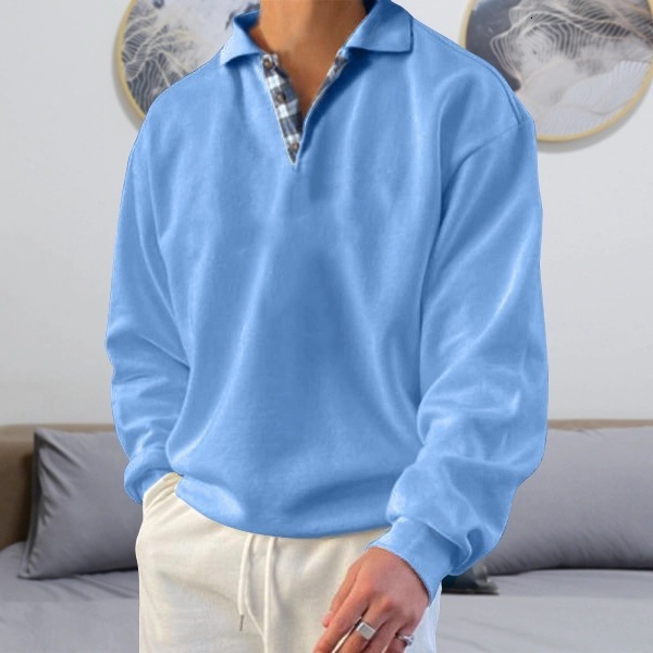 2025 Autumn Long Sleeve V-neck Turn-down Collar Loose Sweatshirt Men's Fashion