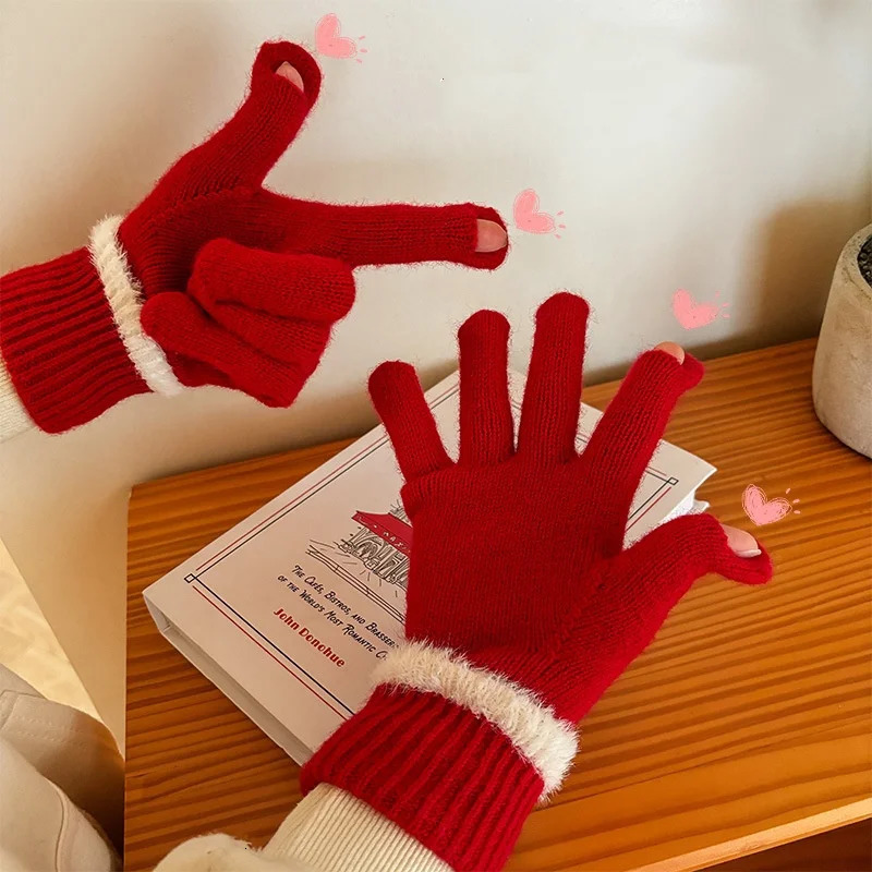 Korean Outdoor Warm Women Gloves Knitted Touch Screen Winter Mittens Long Spiral Mouth Cute Fashion Coldproof Gloves 251023