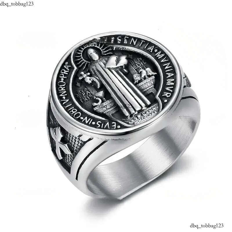 Titanium Steel Catholic Patron Saint St Benedict of Nursia Holy Medal Cross Round Finger Rings for Men Punk Jewelry