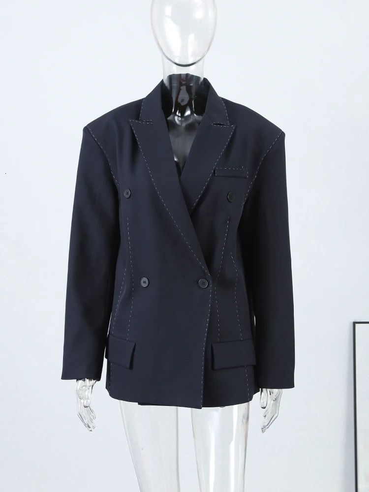 Oversize Contrast Stitch Structured Suit Set Lapel DoubleBreasted Blazer Straight Leg Pants 2025 Chic Retro Lady Commute Sets 251013