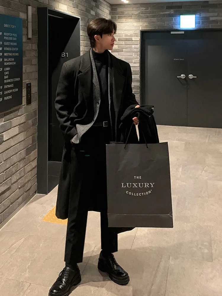 Korean Style Men Woolen Overcoat Turndown Collar Single Breasted Overknee Thickened Casual Male Trench 2024 WinterT251025