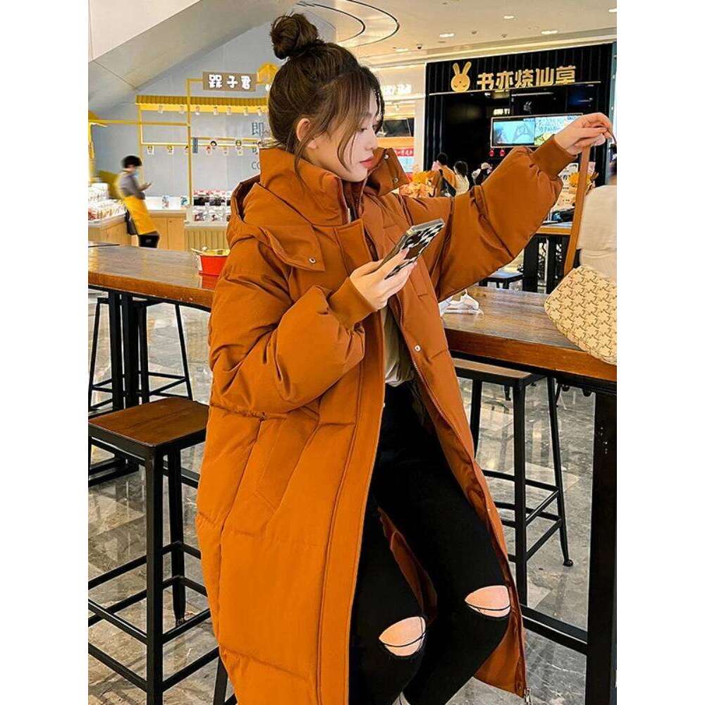 Thickened Down Cotton Bread Style Coat Women's Winter 2025 Outerwear Korean Loose Long Knee Length Solid Hooded Jacket Coats Designer Women