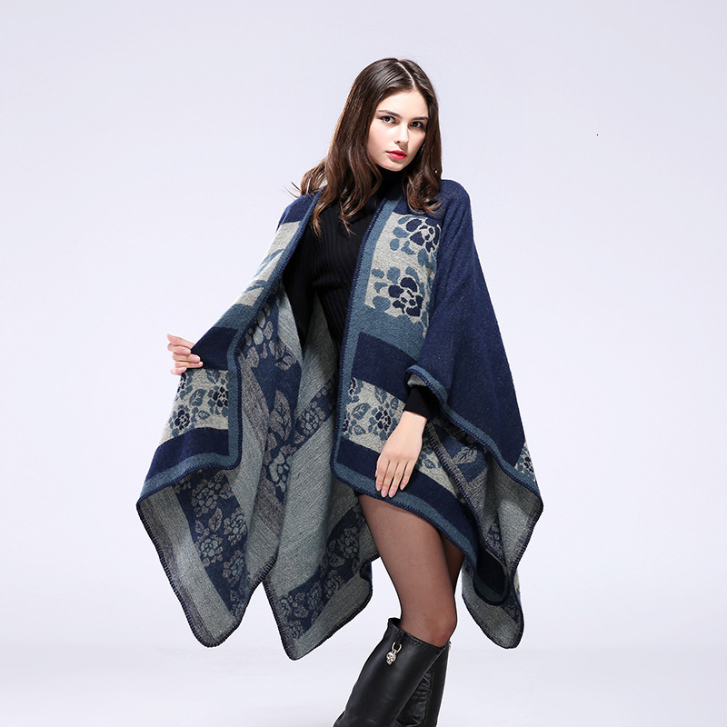 Feng Womens Autumn Winter Thickened Small Flower Warm Imitation Cashmere Shawl Cape Reversible Coat Womens Scarf