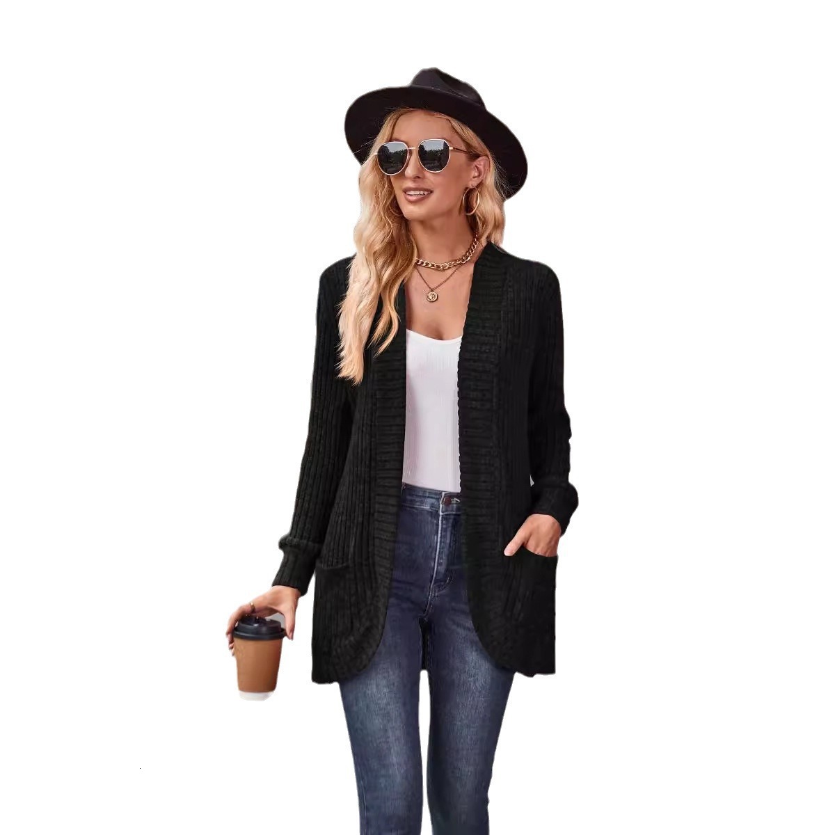 2025 Autumn New Solid Color Ribbed Brushed Casual Patchwork Long Sleeve Cardigan Jacket