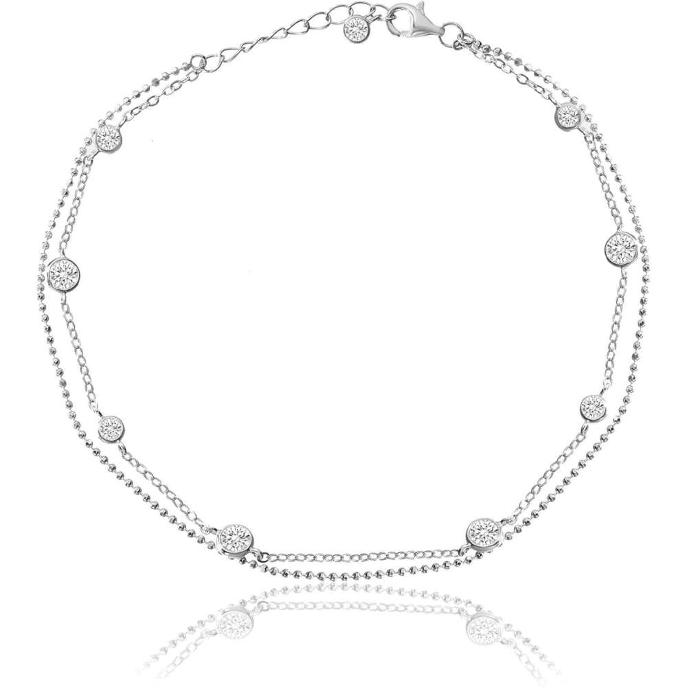 Sterling Sier 10 Inch Cubic Zirconia Bezel Set Double Layered CZ by the Yard Station Anklet for Women
