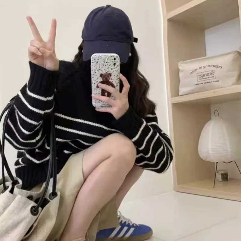 Fashion Loose Knitted Pullover Striped Women Sweater AutumnWinter New Korean Long Sleeve Casual Short Tops Half Zipper KnitwearT251025