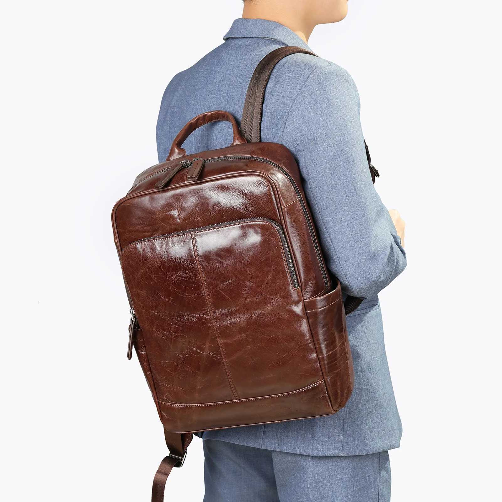 Genuine Mens Top Layer Cowhide Travel Oil Wax Leather Business Laptop School Bags For Teenagers Mens Backpack Mochilas W251025