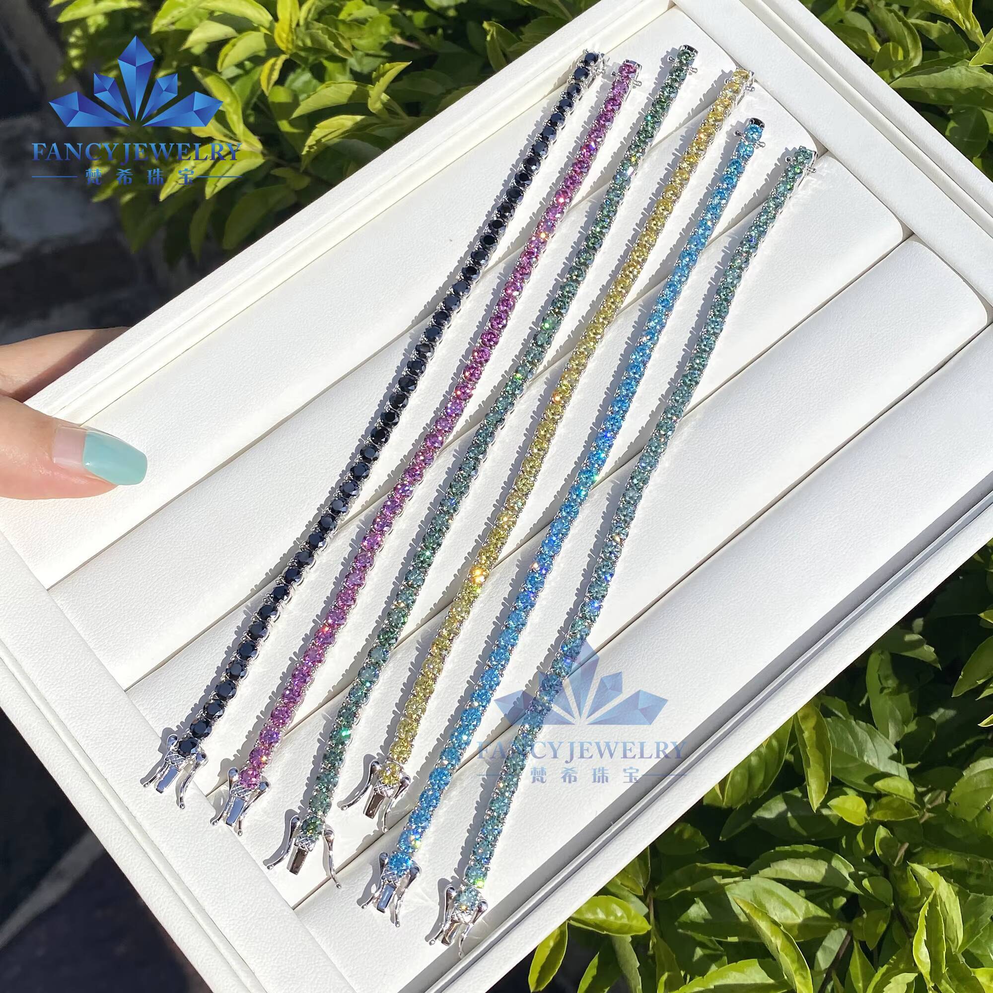 FancyJewelry Hip Hop 925 Sterling Silver VVS Moissanite Diamond 3mm Moissanite Tennis Bracelet Black Blue BlueGreen Yellow Pink