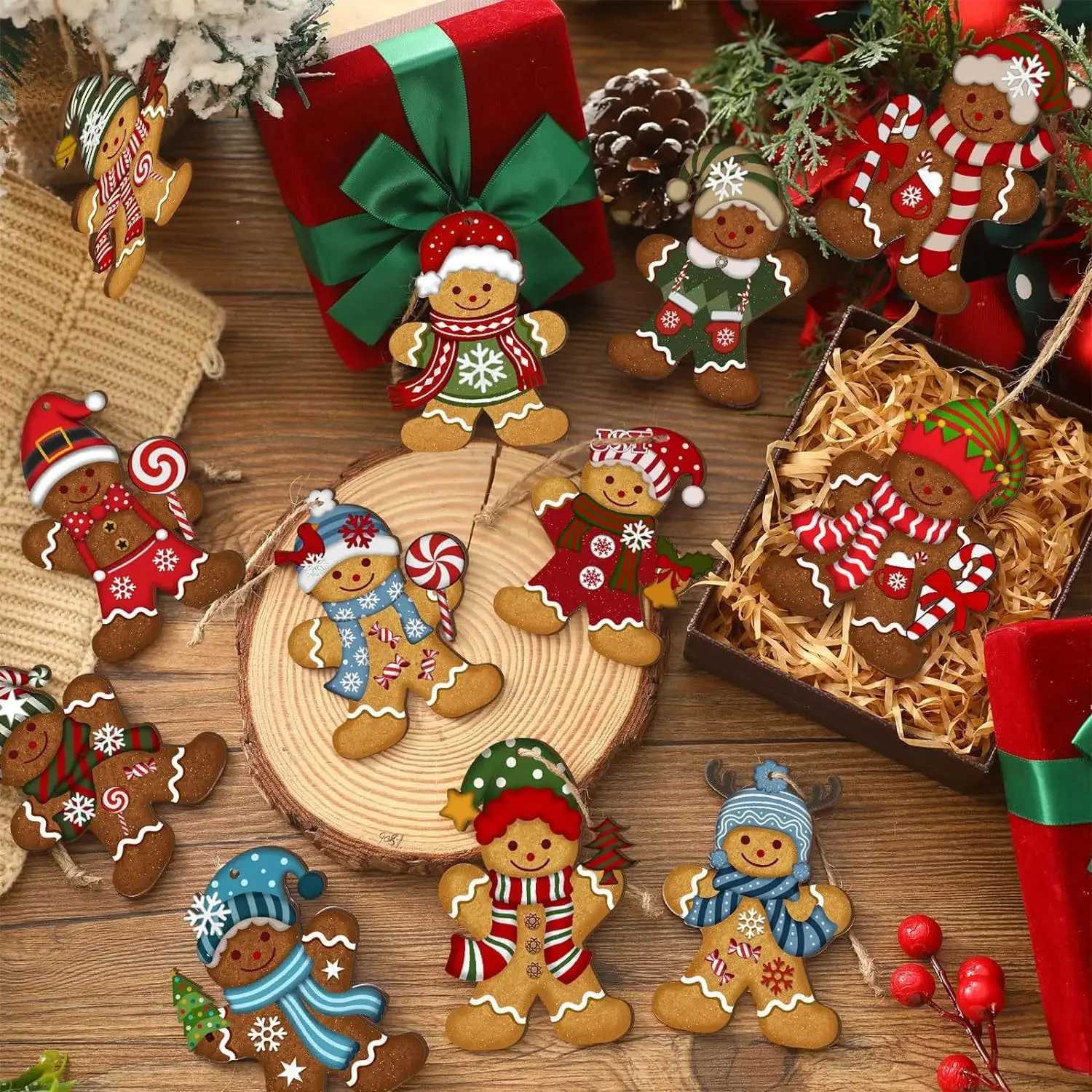12pcsset Gingerbread Man Ornaments Christmas Tree Wooden Hanging Decorations Pendants Cute Cartoon Xmas DIY Hangings Home Decor C251024