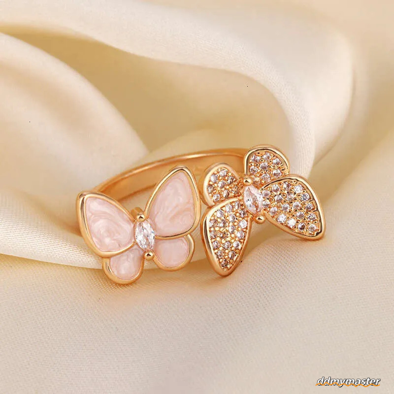 Open Adjustable Ring With Double Butterfly Design - Mother Of Pearl & Rhinestone Elegant Women's Jewelry Ddmymaster