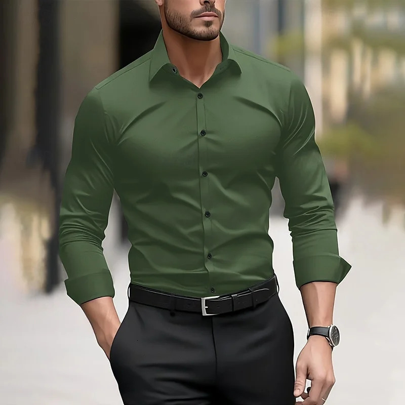 Mens formal shirt solid color wedding outdoor black red navy blue dark green long sleeve lapel summer spring clothing XS6XL 251020