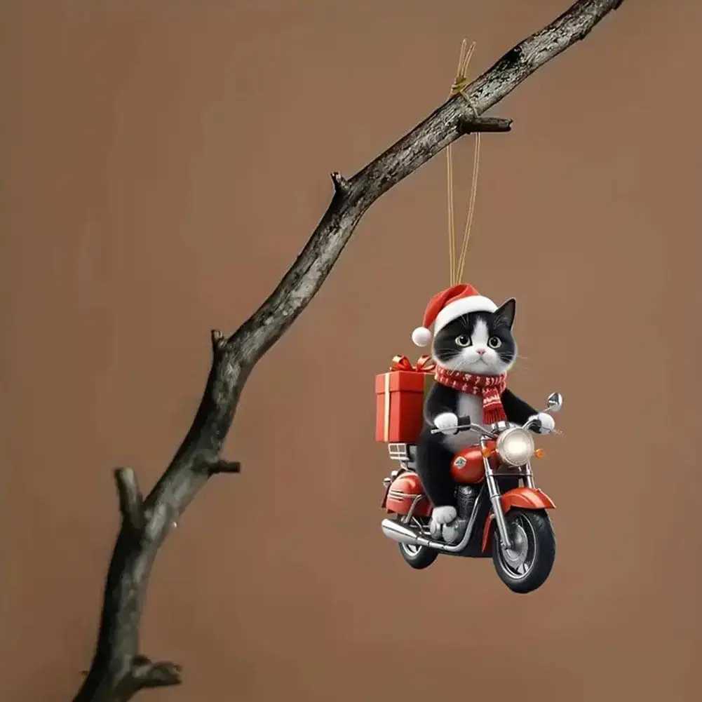Motorcycle Cat Acrylic Hanging Decoration Christmas Tree Car 2D Flat Riding Kitten Hanging Ornament Cartoon Pendant For Christma C251024