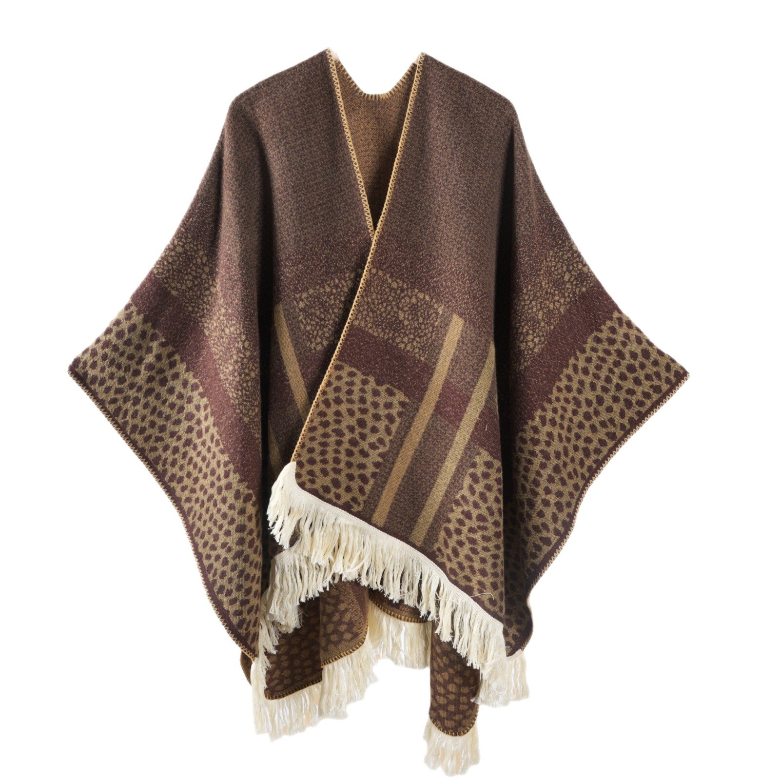 Womens Leopard Print Color Block Large Shawl Cape Autumn Winter Outdoor Cold Protection Warm Jacquard Shawl