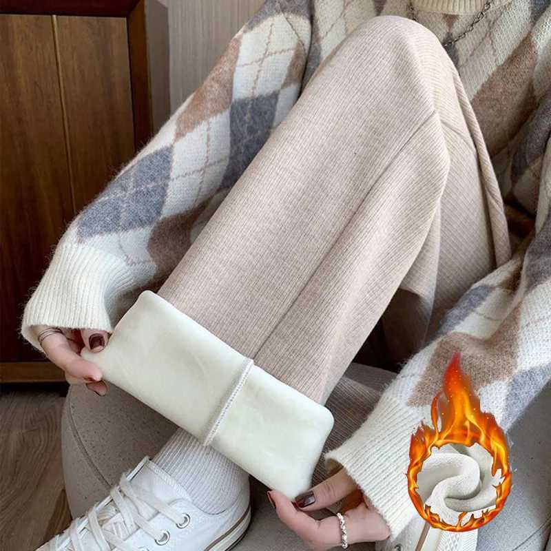 Winter Girls High Waisted Baggy Plush Pants Female Straight Leg Warm Thermal Trousers Lady Korean Drawstring Casual PantsT251025