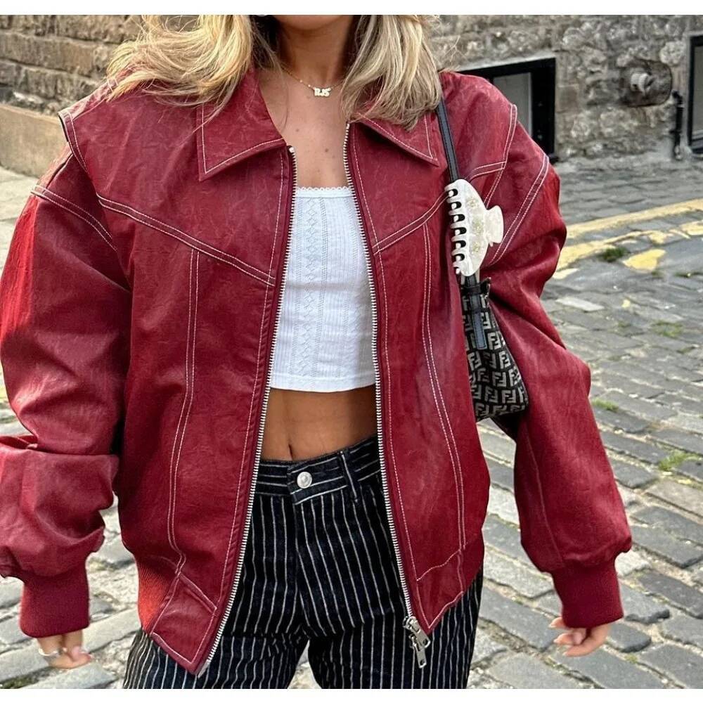 2025 Autumn New Style Retro Collar Leather Coat Jacket dongdumaoyi