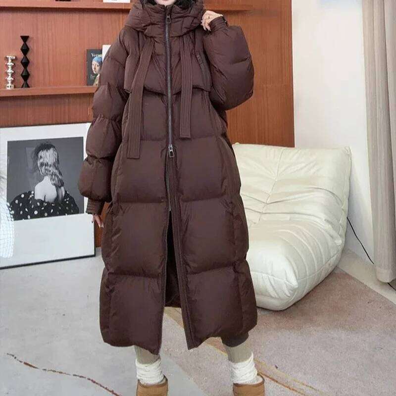 Sleeve Zipper Pocket Long Casual Thicken Warm Hooded Lady Office Parkas Fall Winter Down Coat