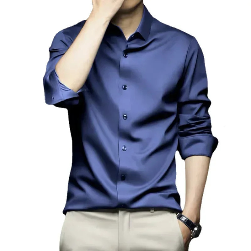 S6XL Mens Long Sleeve Shirt Wrinkle Resistant Pure White Shirt Business Dress Casual Ice Silk Glossy Shirt 251023