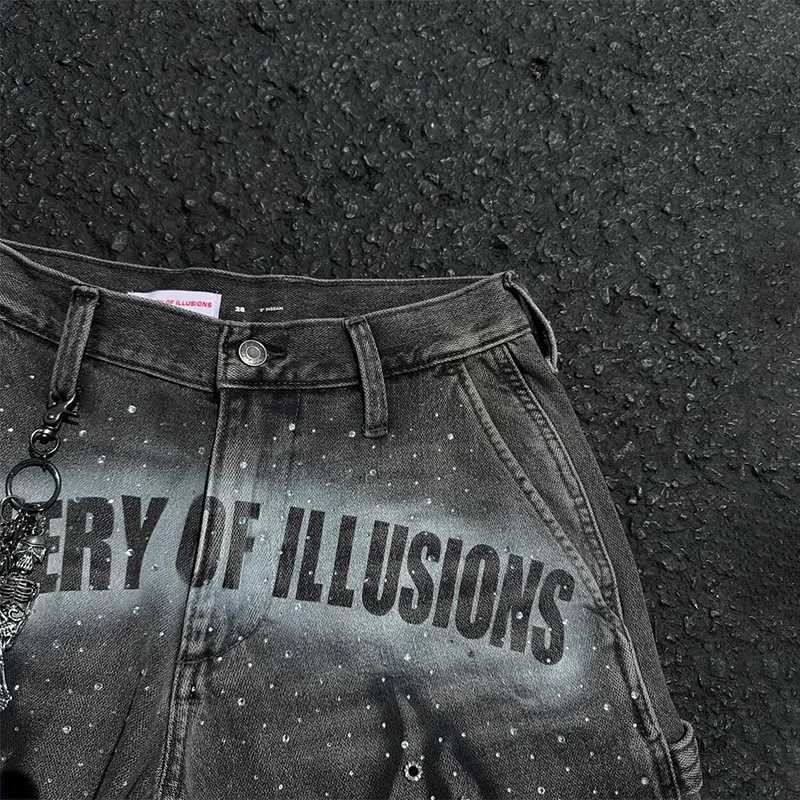 Y2K Fashion Distressed Jeans Retro Rhinestone Flame Pattern Printing Casual Washed Denim Shorts Men Women High Waist StreetwearXJ251025