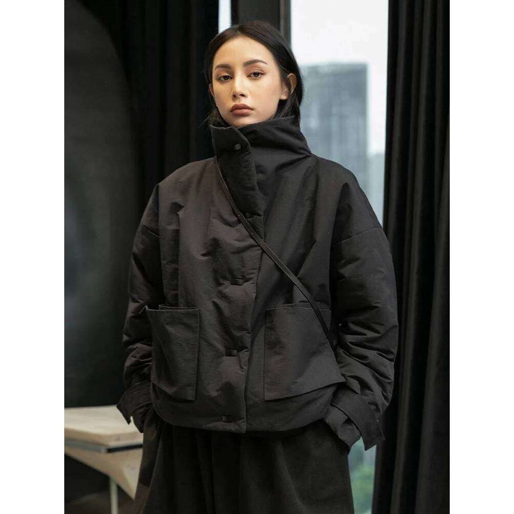 Black Warm Short Stand Collar Cotton-Padded Coat Long Sleeve Loose Fit Women Parkas Fashion New Autumn Winter 2025