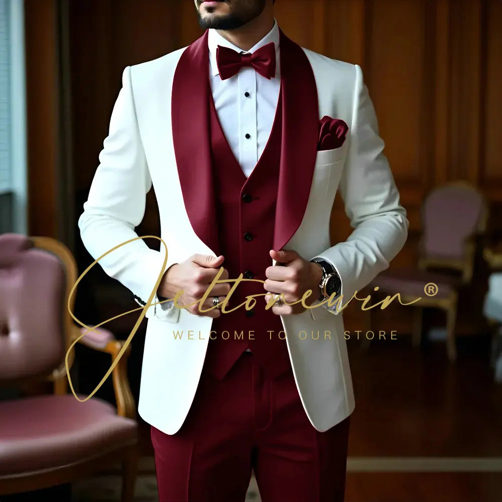 White 3 Pieces Men Suits Slim Fit Shawl Lapel Formal Man Wedding Groom Wear Blazer Sets Party Tuxedos Trajes De Hombre 251020