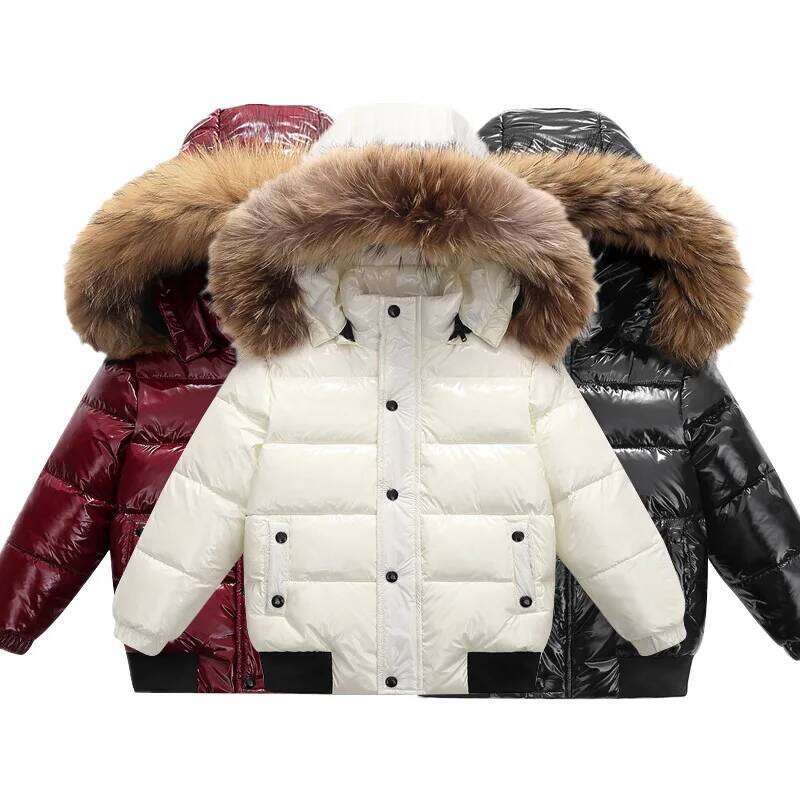 Winter Children Boys Down Jacket Faux Fur Hooded Thicken Warm Toddler Girls Outerwear Plus Veet Windproof Shinny Kid Girl Coat
