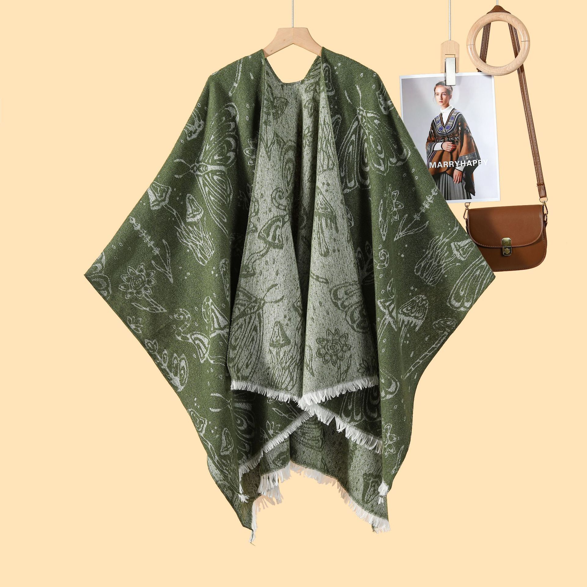 New Style Pastoral Style Womens DoubleSided Loose Beaded Jacquard Warm Split Outer Cape Cloak