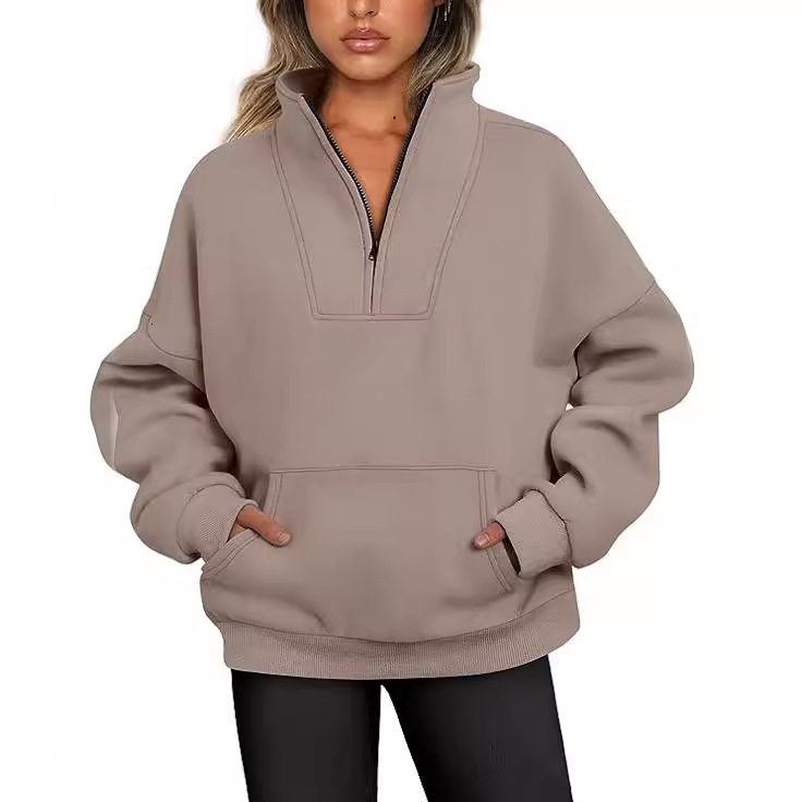 2025 Autumn Winter Stand Collar Solid Color Hoodie with Pockets and Zipper Women's Casual Loose Fleece Ribbed Top