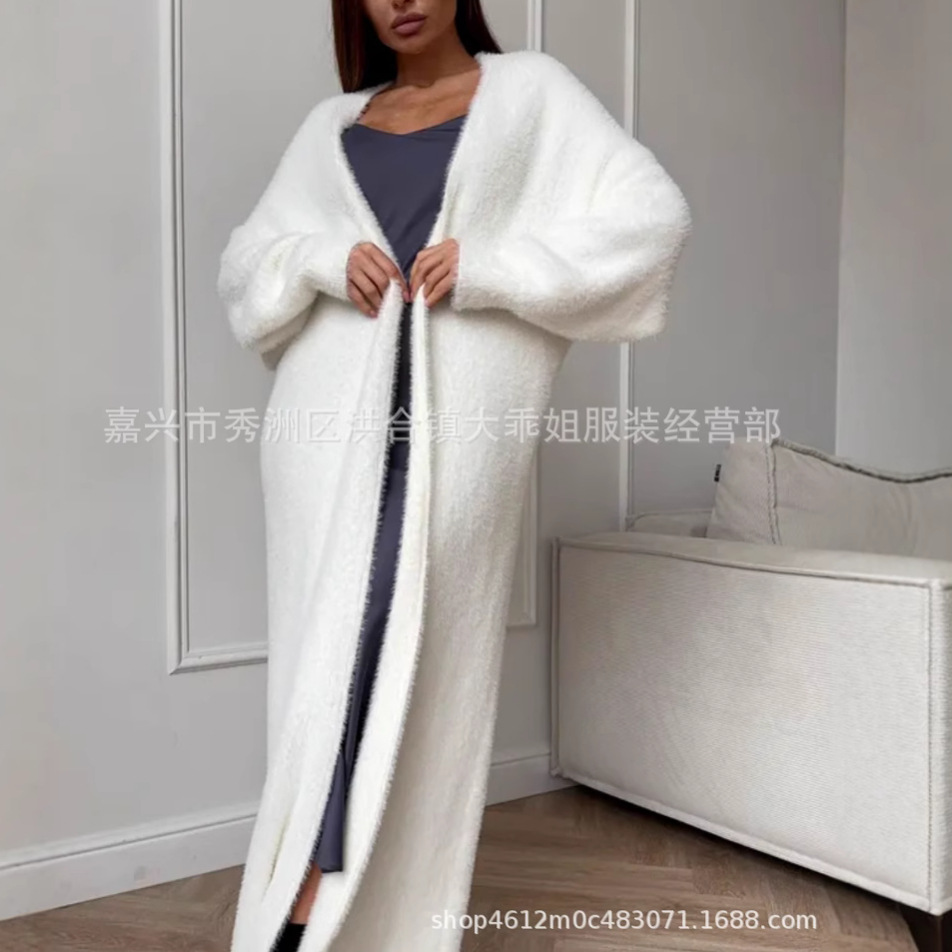 Hl235 White knitted cardigan autumn and winter loose plush fluffy long cardigan