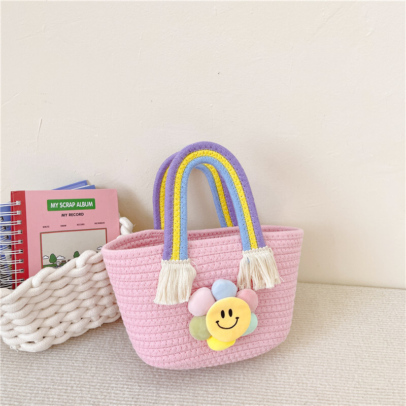 New children's handbag, cotton rope woven girl's bag, gift basket, children's shoulder bag, cartoon sunflower designer rainbow bag