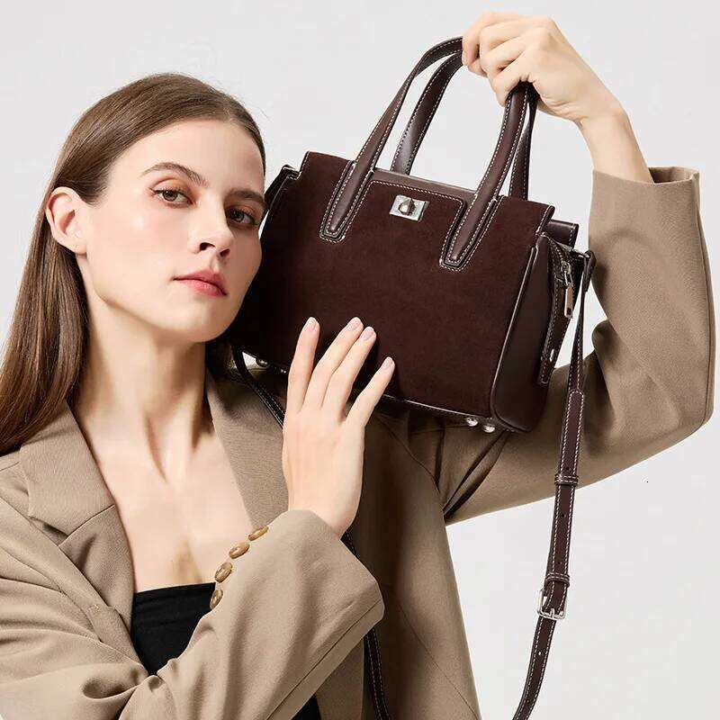 Women Faux Suede Genuine Leather Shoulder Lady Cowhide Travel Cross-Body Bags Female Large Capacity Fashion Commute Handbag 1025